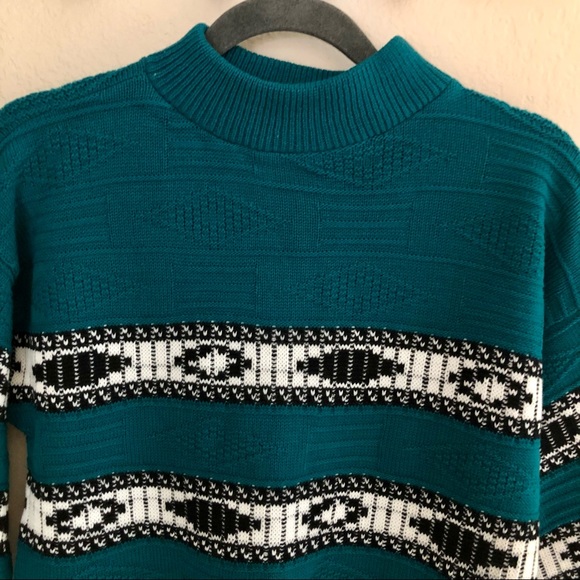 Vintage teal Aztec print mock neck sweater, medium - Picture 2 of 10